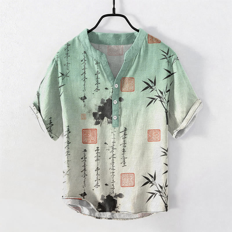 Buddha Stones Katoenen overhemd met kalligrafie- en bamboe-inktpatroon , Korte mouw en halve knoopsluiting voor heren. - Honingmeloen - US/UK/AU50, EU60 (5XL) - image 0