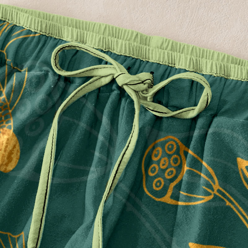 Buddha Stones Casual katoenen damesbroek met elastische Taille en Zakken , met lotusblad- en koivispatroon. - image 1
