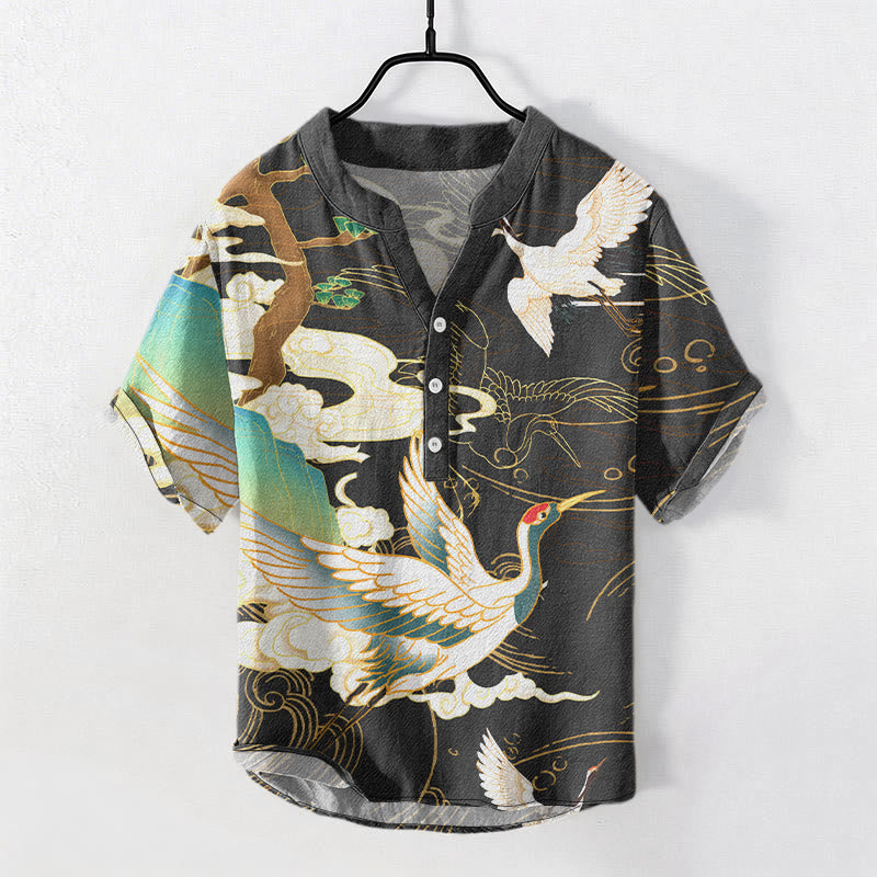 Buddha Stones Katoenen overhemd met kraanvogelmotief, gunstige wolken en dennenpatroon voor heren, Korte mouw en halve knoopsluiting. - Zwart - US/UK/AU50, EU60 (5XL) - image 0