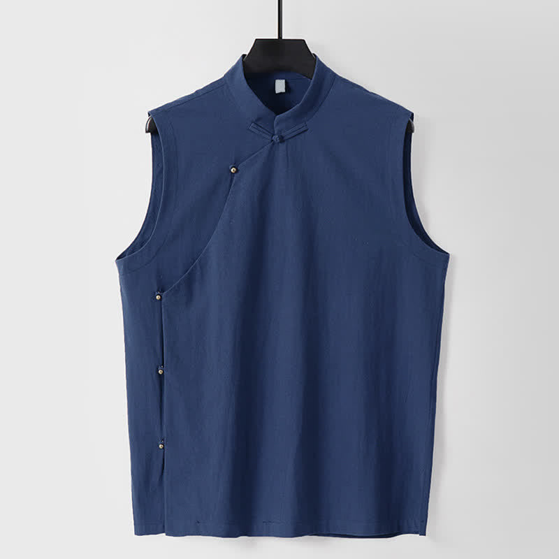 Buddha Stones Zomerse effen kleur, opstaande kraag, knoopsluiting, Mouwloos vest voor heren van katoen en linnen - Donkerblauw - VS/ UK/AU56, EU66 (9XL) - image 0