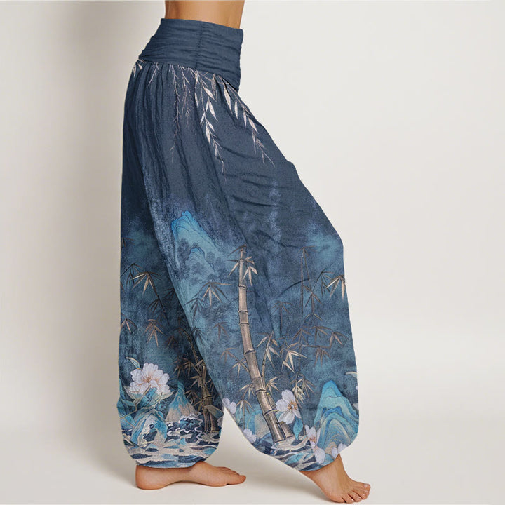 Buddha Stones Dames harembroek met elastische Taille en natuurlijke bamboebloemenprint - image 1