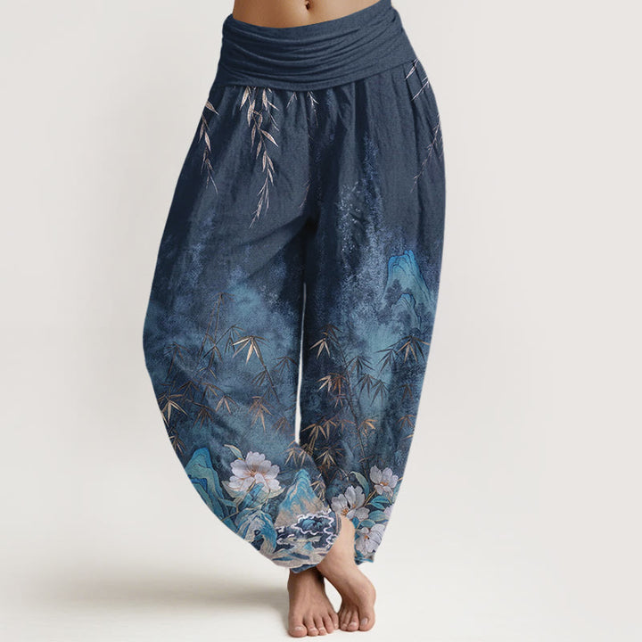 Buddha Stones Dames harembroek met elastische Taille en natuurlijke bamboebloemenprint - Staalblauw - US16, UK/AU20, EU48 (3XL) - image 0