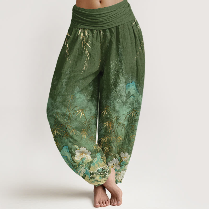 Buddha Stones Dames harembroek met elastische Taille en natuurlijke bamboebloemenprint - Donkerzeegroen - US16, UK/AU20, EU48 (3XL) - image 5