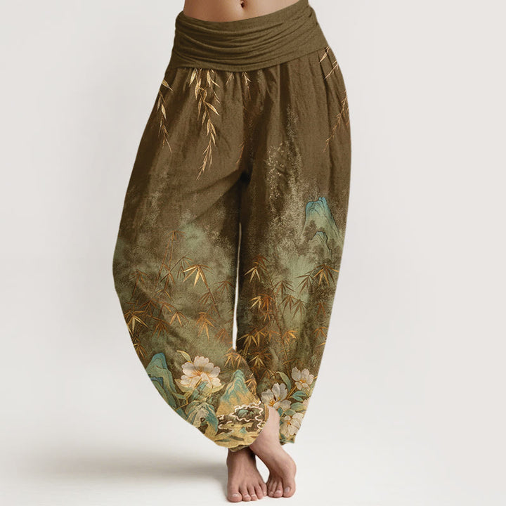 Buddha Stones Dames harembroek met elastische Taille en natuurlijke bamboebloemenprint - Donkergoudenroede - US16, UK/AU20, EU48 (3XL) - image 8