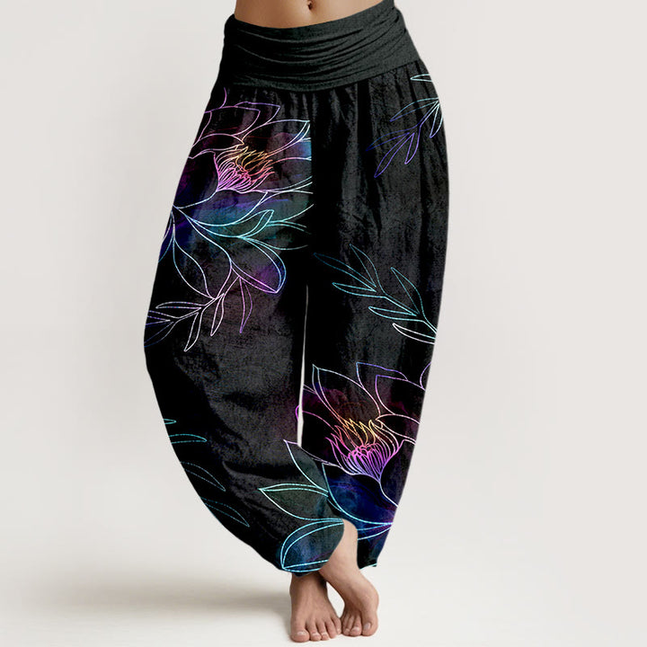 Buddha Stones Dames harembroek met elastische Taille en neonprint van katoenen lotusblaadjes - Zwart - US16, UK/AU20, EU48 (3XL) - image 0