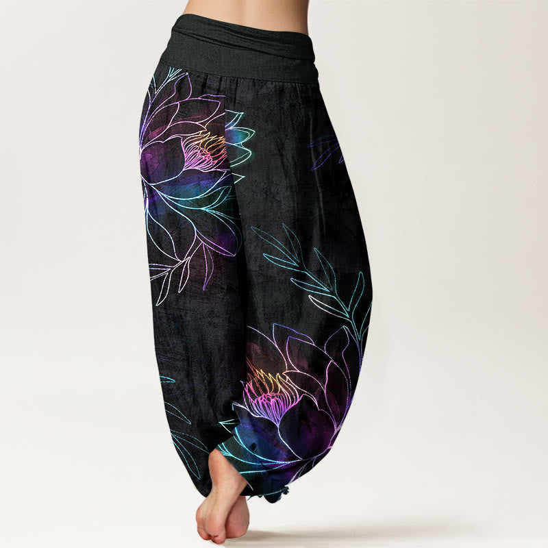 Buddha Stones Dames harembroek met elastische Taille en neonprint van katoenen lotusblaadjes - image 2