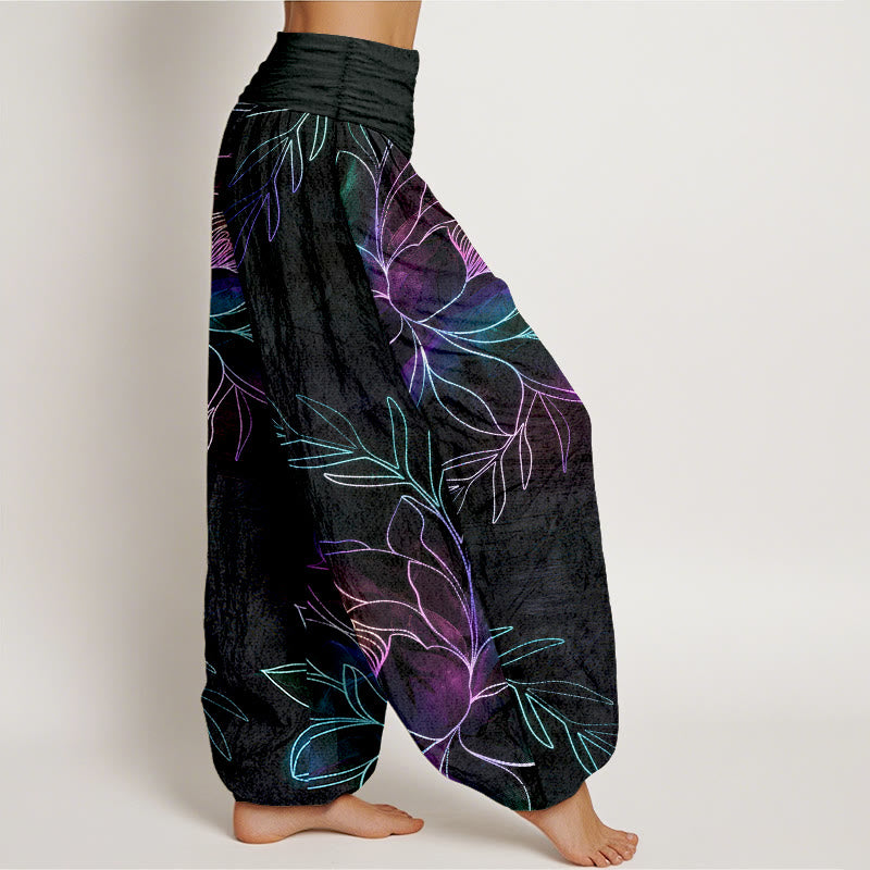 Buddha Stones Dames harembroek met elastische Taille en neonprint van katoenen lotusblaadjes - image 1