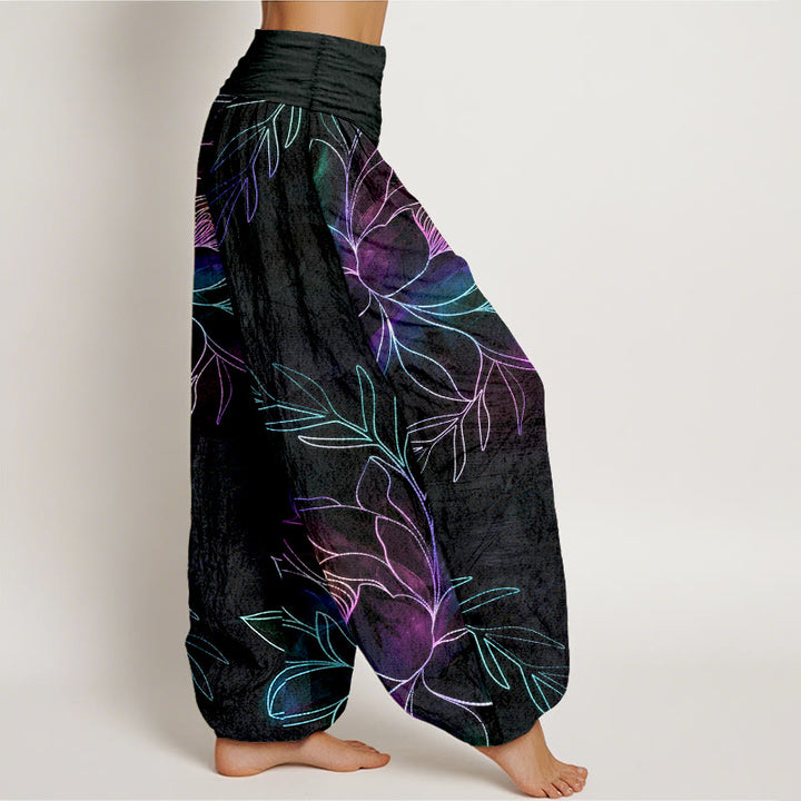 Buddha Stones Dames harembroek met elastische Taille en neonprint van katoenen lotusblaadjes - image 1