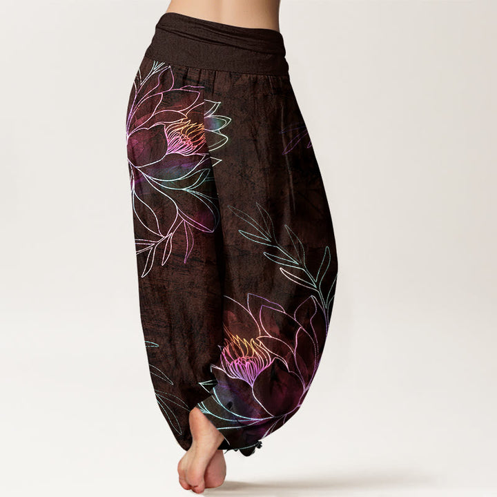 Buddha Stones Dames harembroek met elastische Taille en neonprint van katoenen lotusblaadjes - image 7