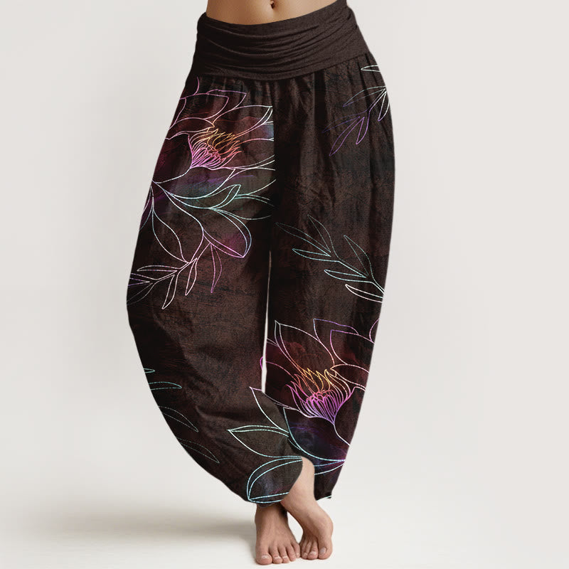 Buddha Stones Dames harembroek met elastische Taille en neonprint van katoenen lotusblaadjes - Zadelbruin - US16, UK/AU20, EU48 (3XL) - image 5