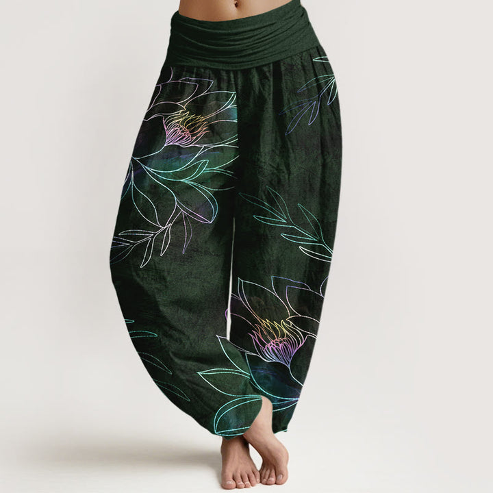 Buddha Stones Dames harembroek met elastische Taille en neonprint van katoenen lotusblaadjes - Donkergroen - US16, UK/AU20, EU48 (3XL) - image 8