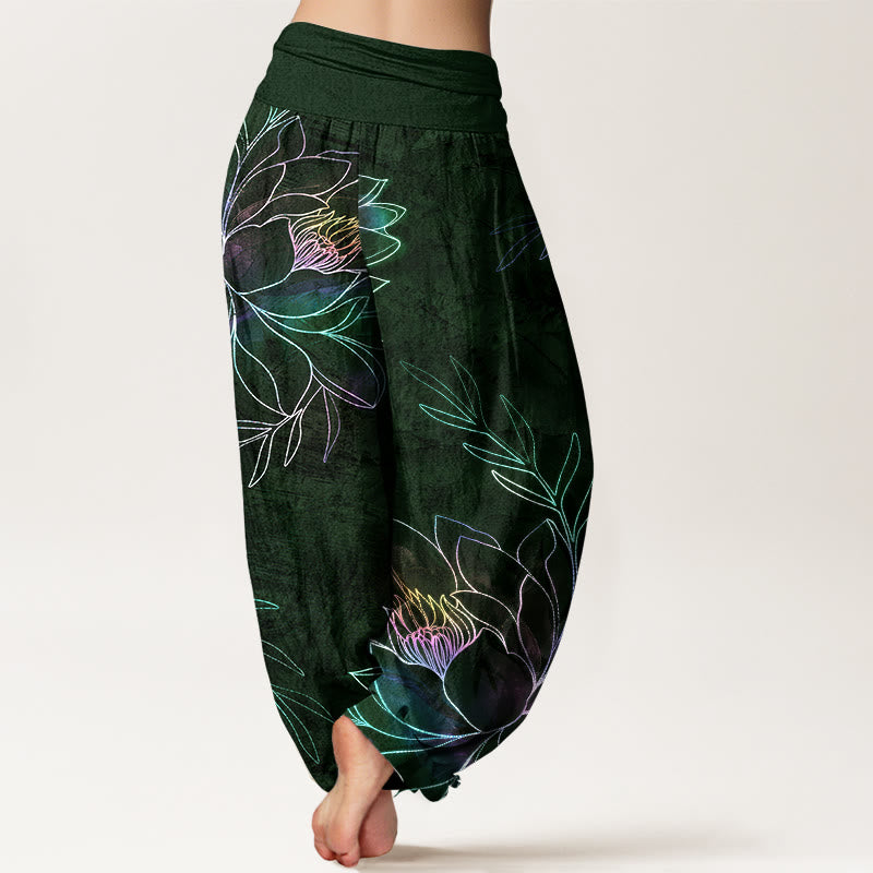 Buddha Stones Dames harembroek met elastische Taille en neonprint van katoenen lotusblaadjes - image 10