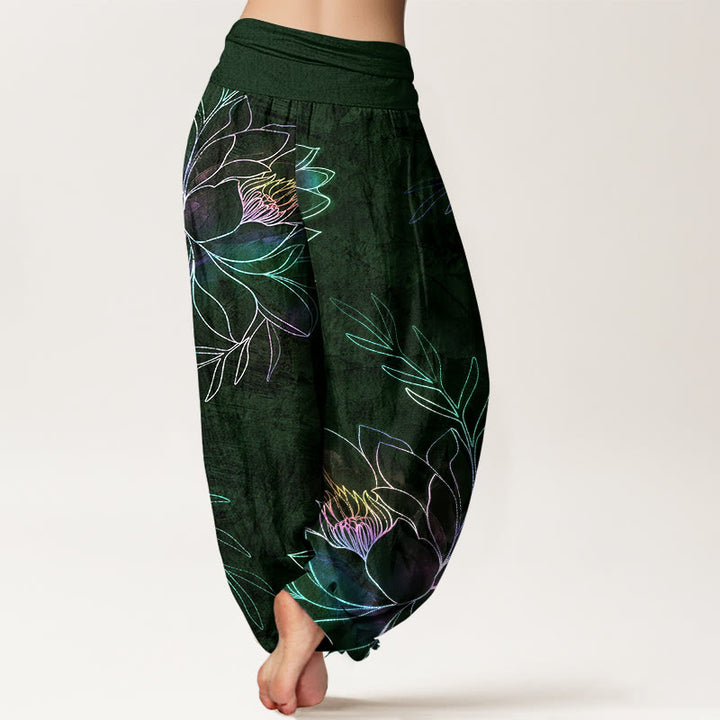 Buddha Stones Dames harembroek met elastische Taille en neonprint van katoenen lotusblaadjes - image 10