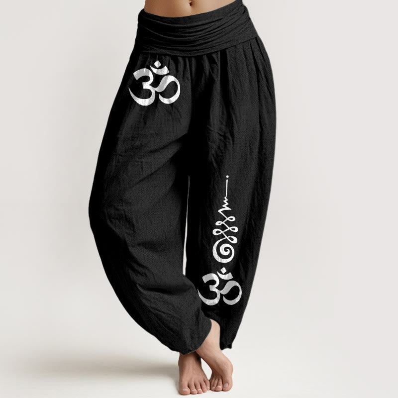 Buddha Stones Katoenen Calm OM Energy Lines patroon dames harembroek met elastische Taille - Zwart - US16, UK/AU20, EU48 (3XL) - image 0