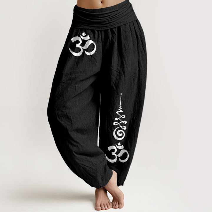 Buddha Stones Katoenen Calm OM Energy Lines patroon dames harembroek met elastische Taille - Zwart - US16, UK/AU20, EU48 (3XL) - image 0