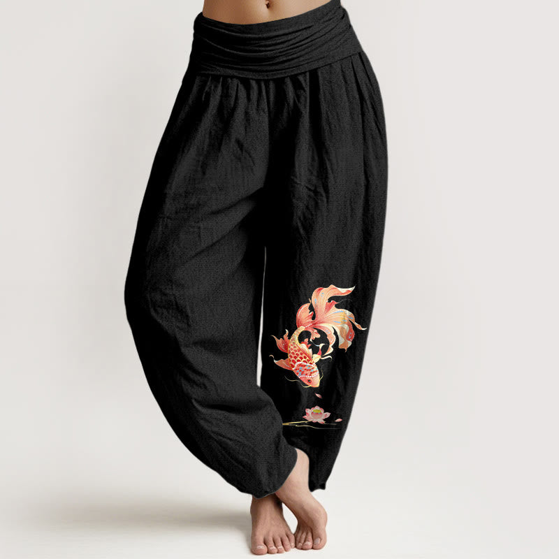 Buddha Stones Cotton Luck Koi Fish Lotus Pattern Dames Harembroek met Taille Taille - Zwart - US16, UK/AU20, EU48 (3XL) - image 0
