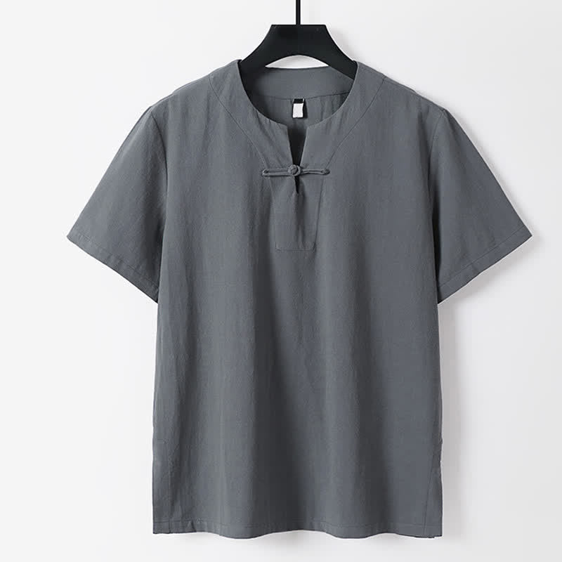 Buddha Stones Effenkleurig T-shirt met kikkerknopen, Korte mouw en reverskraag voor heren, gemaakt van katoen-linnen. - Grijs - VS/ UK/AU56, EU66 (9XL) - image 0