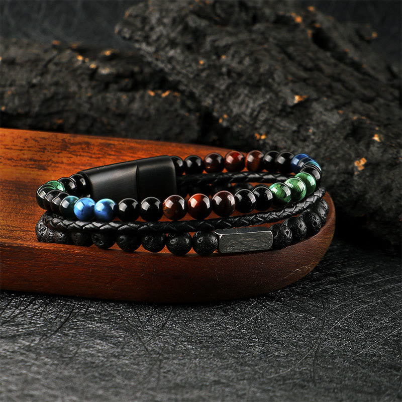 Buddha Stones Armband van gevlochten leer met tijgeroog lavasteen kralen - image 1
