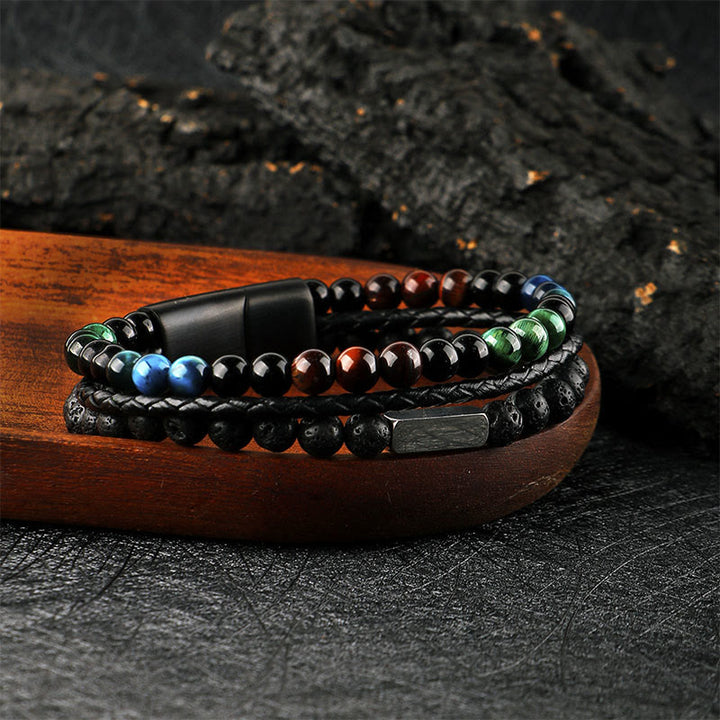 Buddha Stones Armband van gevlochten leer met tijgeroog lavasteen kralen - image 1