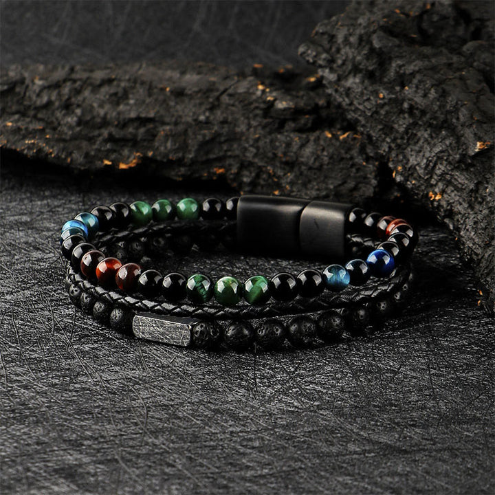 Buddha Stones Armband van gevlochten leer met tijgeroog lavasteen kralen - Tijgeroog lavasteen (Polsomtrek: 18-19 cm) - image 0