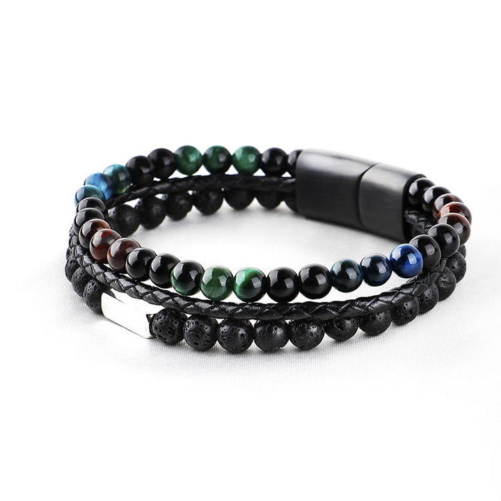 Buddha Stones Armband van gevlochten leer met tijgeroog lavasteen kralen - image 2