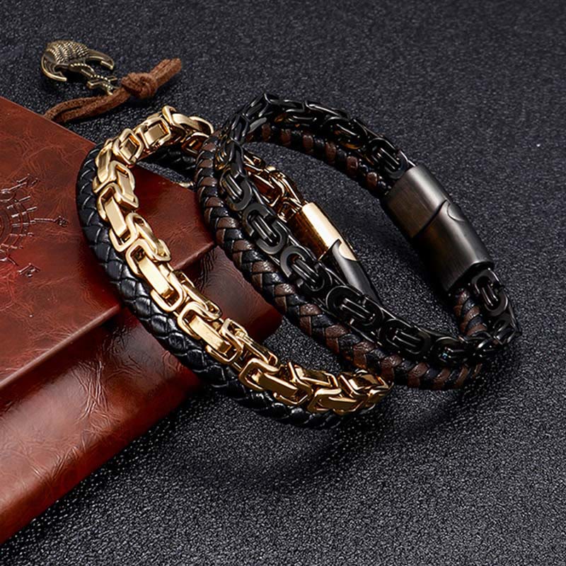 Buddha Stones Dubbele schakelketting gevlochten leren Armband - image 9