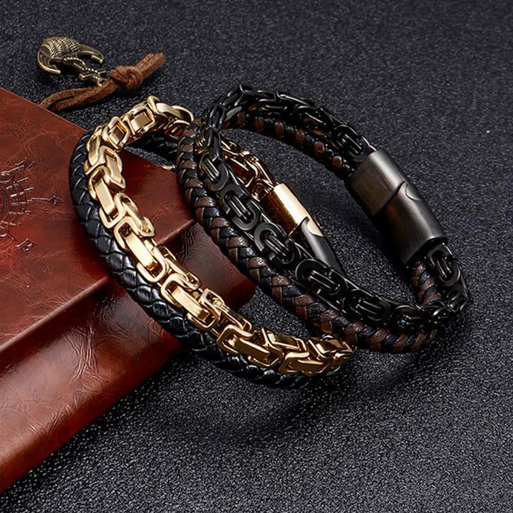 Buddha Stones Dubbele schakelketting gevlochten leren Armband - image 9