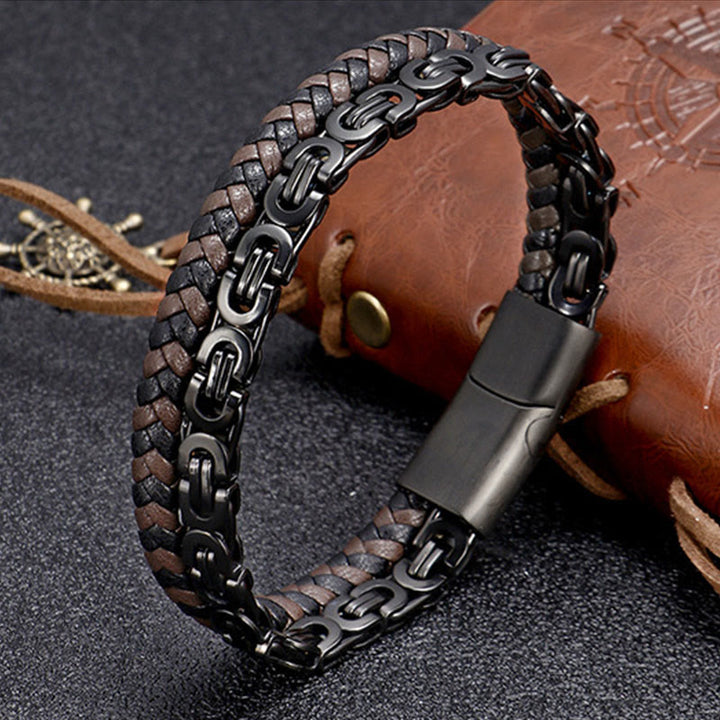 Buddha Stones Dubbele schakelketting gevlochten leren Armband - Zwart titaniumstaal (Polsomtrek: 18-19 cm) - image 0