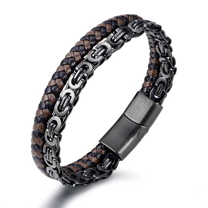 Buddha Stones Dubbele schakelketting gevlochten leren Armband - image 2