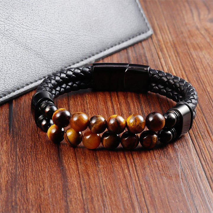 Buddha Stones Tijgeroog Dubbelgevlochten Leren Armband - image 3