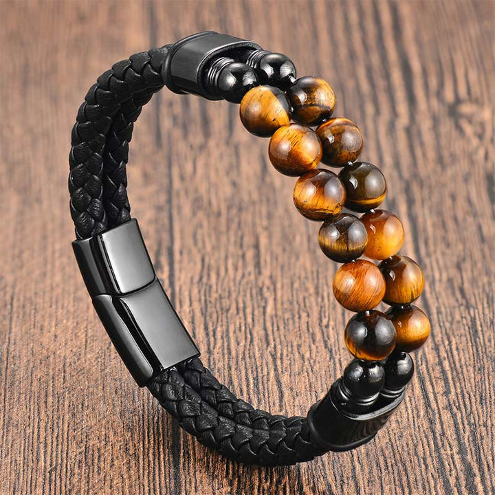 Buddha Stones Tijgeroog Dubbelgevlochten Leren Armband - Tijgeroogleer (Polsomtrek: 18-19 cm) - image 0