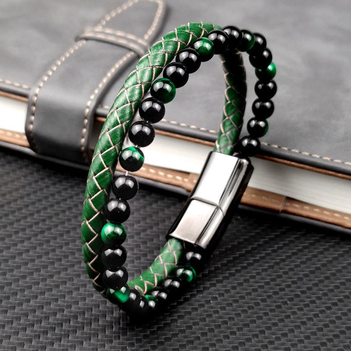 Buddha Stones Groene tijgeroog dubbele gevlochten leren Armband - Groene tijgeroog leren armband (Polsomtrek: 19 cm) - image 0