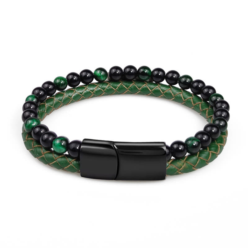 Buddha Stones Groene tijgeroog dubbele gevlochten leren Armband - image 4