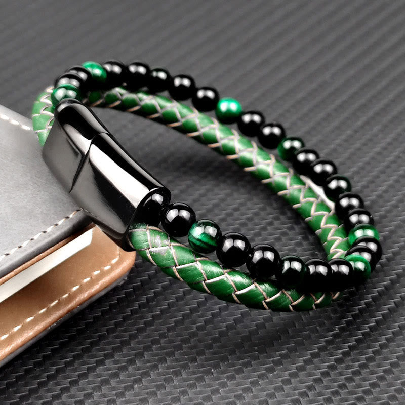 Buddha Stones Groene tijgeroog dubbele gevlochten leren Armband - image 1