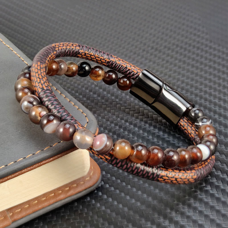 Buddha Stones Sardonyx Dubbelgevlochten Leren Armband - image 1