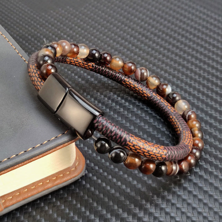 Buddha Stones Sardonyx Dubbelgevlochten Leren Armband - image 3