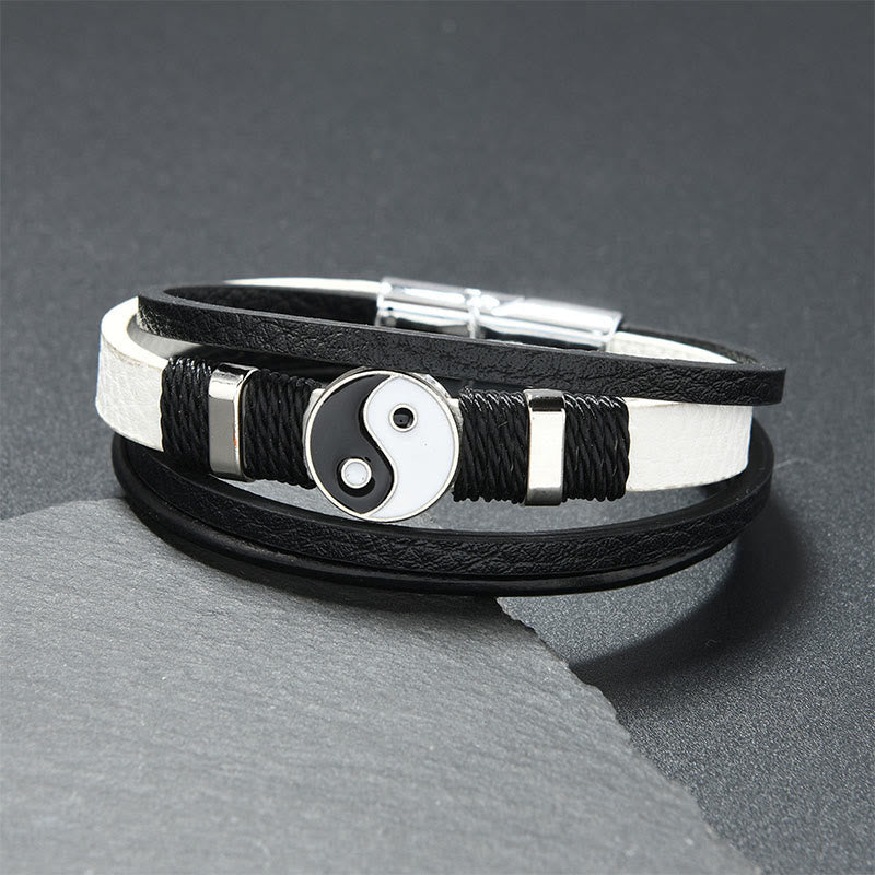 Buddha Stones Zwart-witte Yin Yang meerlaagse leren Armband - Wit leer (Polsomtrek: 18-19 cm) - image 2