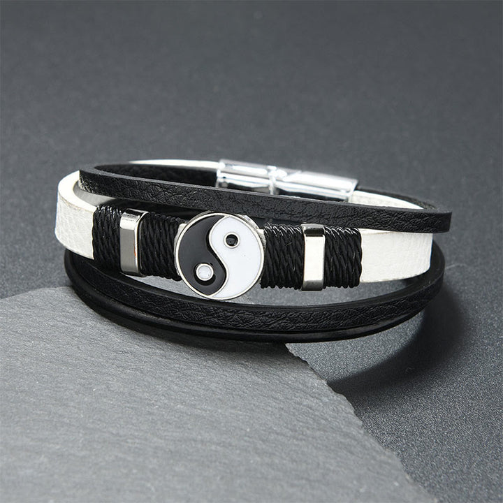 Buddha Stones Zwart-witte Yin Yang meerlaagse leren Armband - Wit leer (Polsomtrek: 18-19 cm) - image 2
