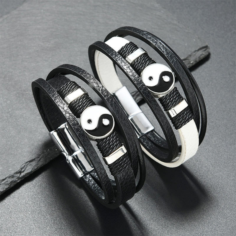 Buddha Stones Zwart-witte Yin Yang meerlaagse leren Armband - image 3
