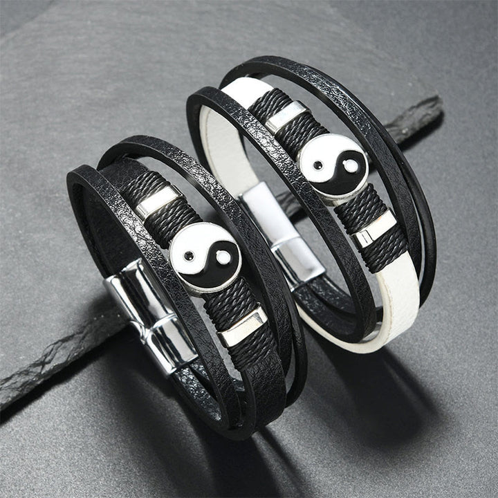 Buddha Stones Zwart-witte Yin Yang meerlaagse leren Armband - image 3