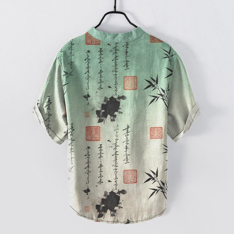 Buddha Stones Katoenen overhemd met kalligrafie- en bamboe-inktpatroon , Korte mouw en halve knoopsluiting voor heren. - image 1