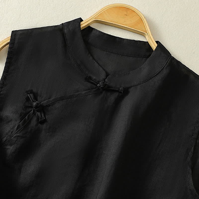 Buddha Stones Zomerse retro Mouwloos vest met opstaande kraag en kikkerknopen - image 15
