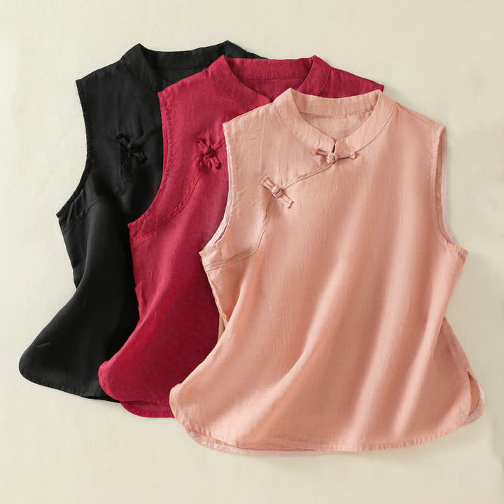 Buddha Stones Zomerse retro Mouwloos vest met opstaande kraag en kikkerknopen - image 19