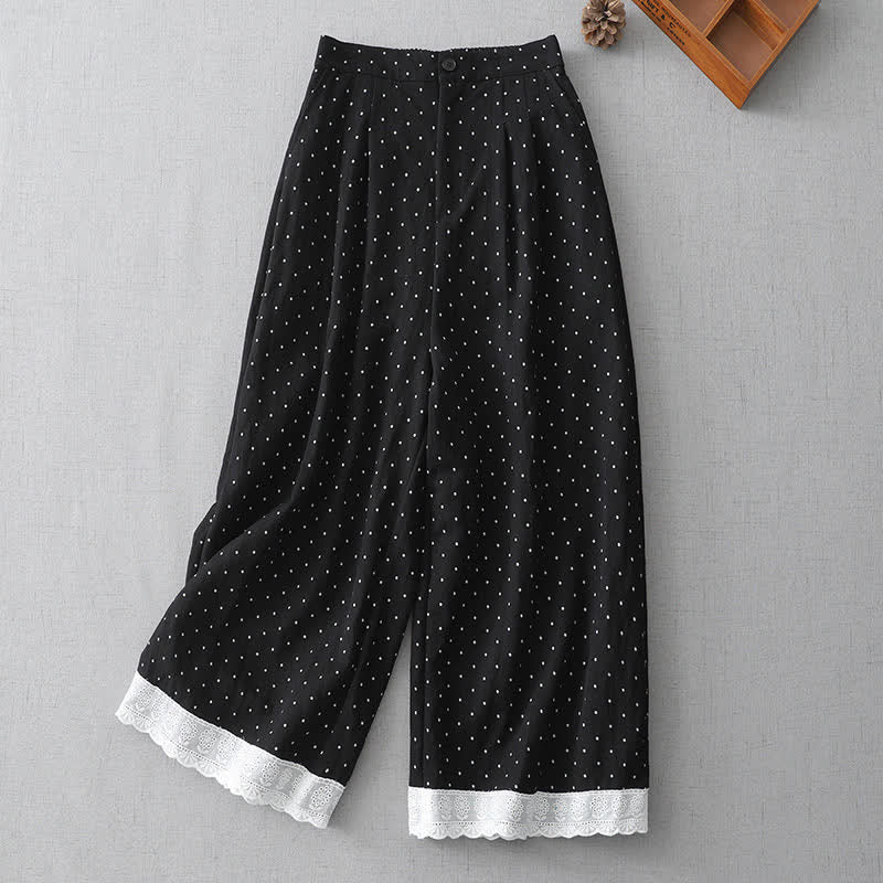 Buddha Stones Dames capri broek met wijde pijpen, wijde pijpen en Zakken , gemaakt van katoen met stippen en kantpatchwork. - Zwart - US8-10，UK/AU12-14，EU40-42 (2XL) - image 0