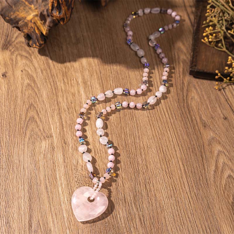 Buddha Stones Rozenkwarts groene aventurijn hartvormige kralen Ketting hanger - Rozenkwarts - image 1