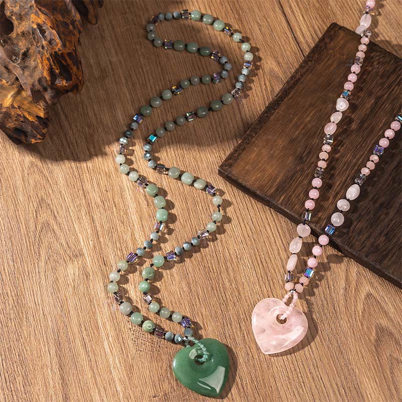 Buddha Stones Rozenkwarts groene aventurijn hartvormige kralen Ketting hanger - image 7