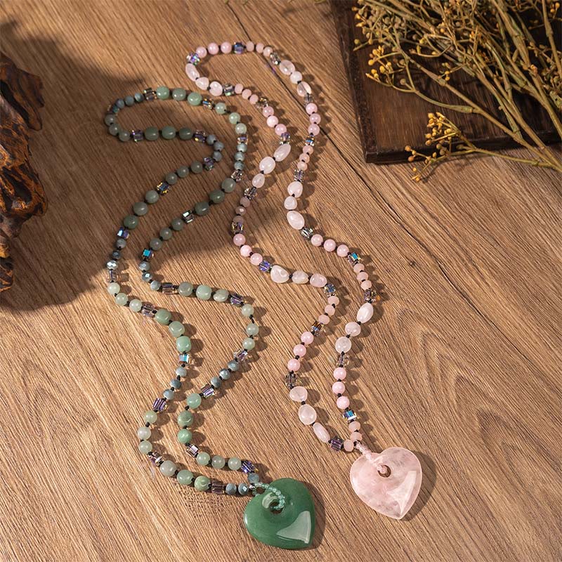 Buddha Stones Rozenkwarts groene aventurijn hartvormige kralen Ketting hanger - image 8