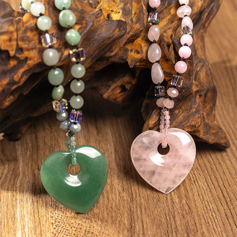 Buddha Stones Rozenkwarts groene aventurijn hartvormige kralen Ketting hanger - image 0