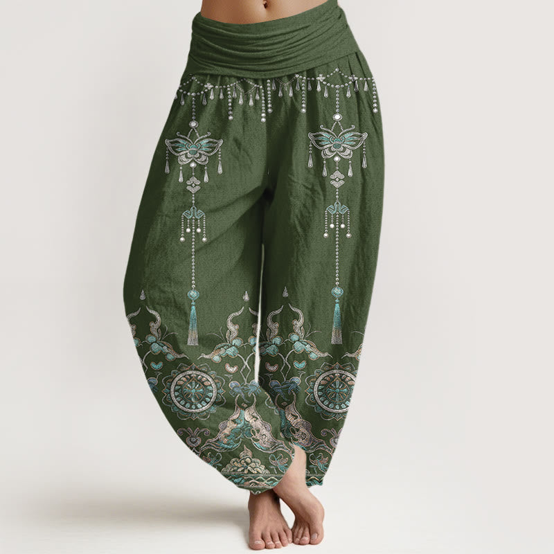 Buddha Stones Klassieke katoenen damesharembroek met vlinder- en kwastjespatroon en elastische Taille . - Donkerzeegroen - US16, UK/AU20, EU48 (3XL) - image 0