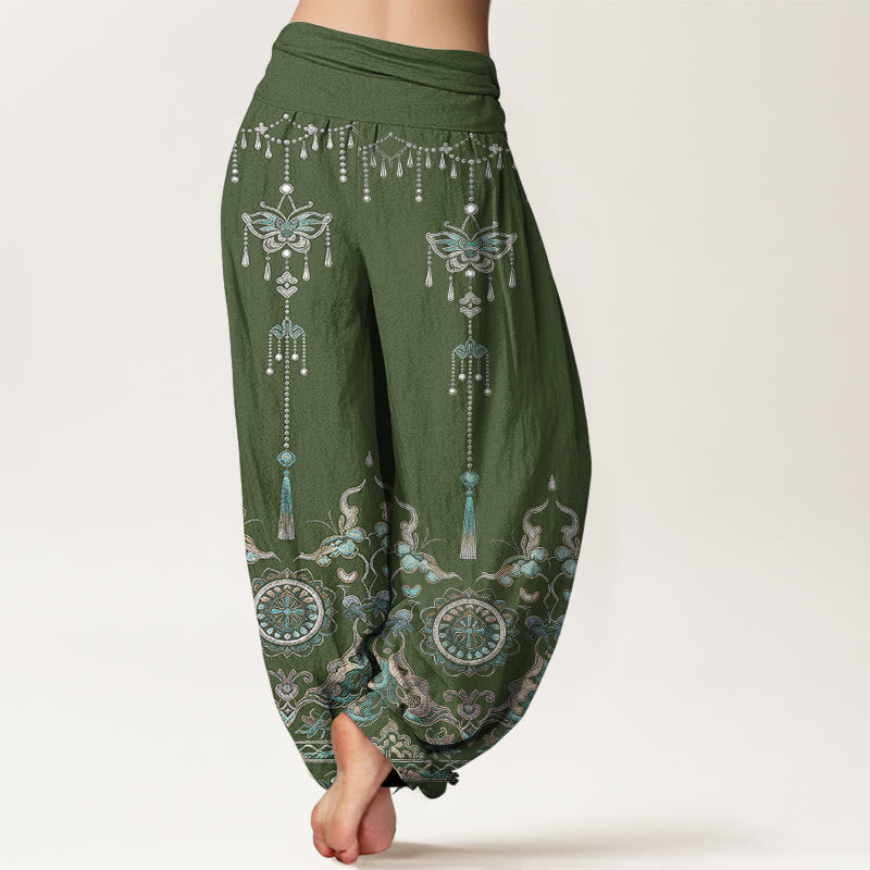 Buddha Stones Klassieke katoenen damesharembroek met vlinder- en kwastjespatroon en elastische Taille . - image 1